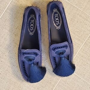 TOD'S Suede Lazer Cut Embroidery,Espadrille Loafers Tassel Blue EU38.5/US 8, NWT